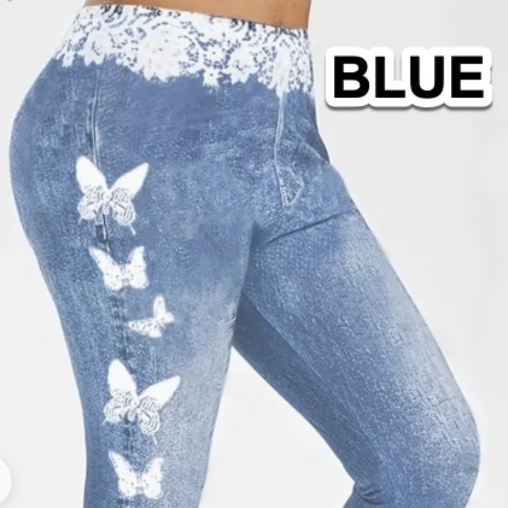 Butterfly & Denim Print Skinny Leggings